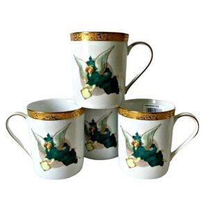4 Nikko Gold Filigree Angel Coffee Tea Mugs - Angels with Tambourine